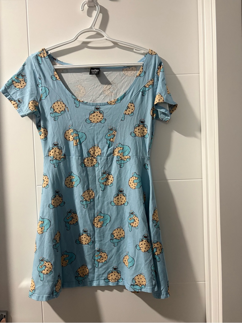 Blue Cookie Monster-Print Short Sleeve Mini Dress